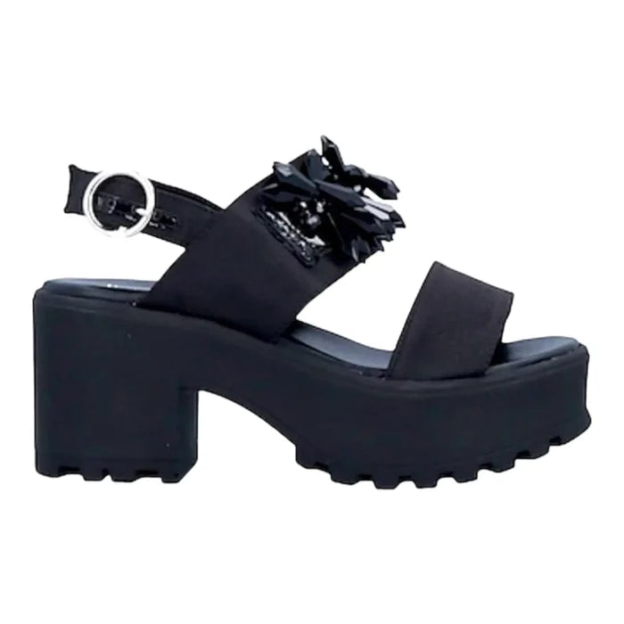 Women's Black Satin Platform Sandals Chunky Heel with spiky black crystals, double wide straps, open toe, and 3 inch block heel by CULT 7.5