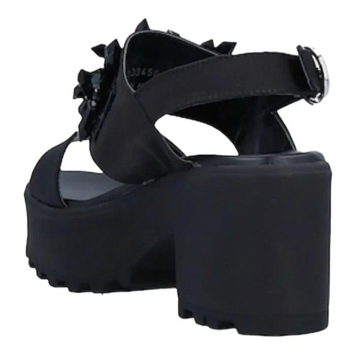 Women's Black Satin Platform Sandals Chunky Heel with spiky black crystals, double wide straps, open toe, and 3 inch block heel by CULT 7.5