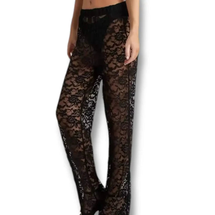 Black sheer floral lace pants with high waist and adjustable mesh panel, gothic punk flared festival style.