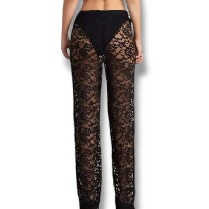 Black sheer floral lace pants with high waist and adjustable mesh panel, gothic punk flared festival style.