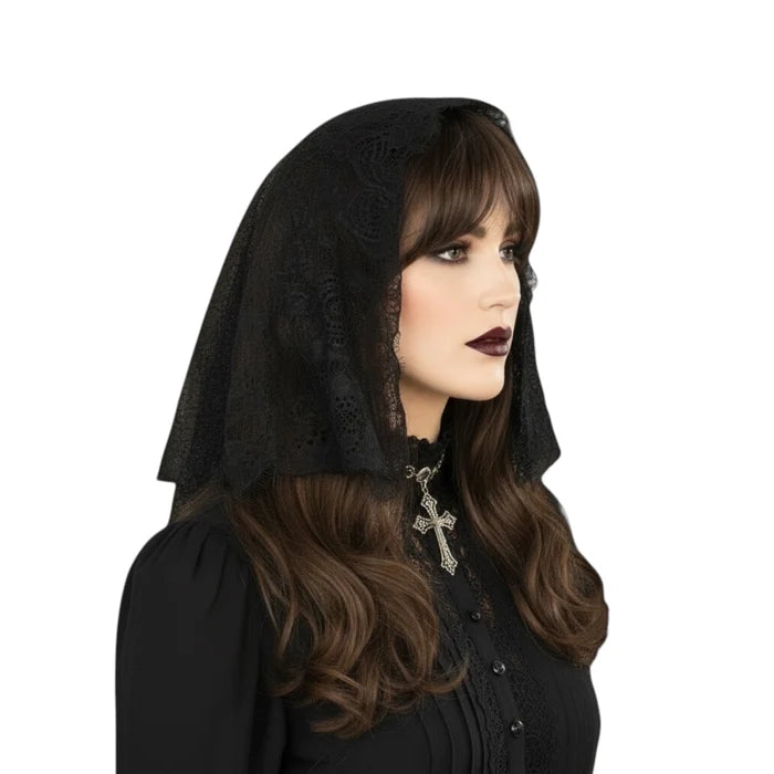 gothic woman wearing the Black Sheer Lace Infinity Mantilla Veil with eyelash trim and gothic scarf styling /osfm