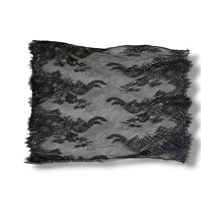 flat lay Black Sheer Lace Infinity Mantilla Veil with eyelash trim and gothic scarf styling /osfm