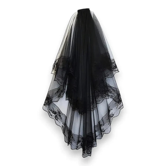 Gothic Black Sheer Lace Trim Wedding Veil