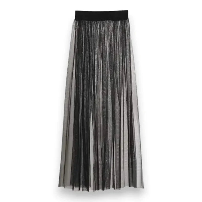 Black Sheer Mesh Maxi Skirt with high waist and see-through festival layering style