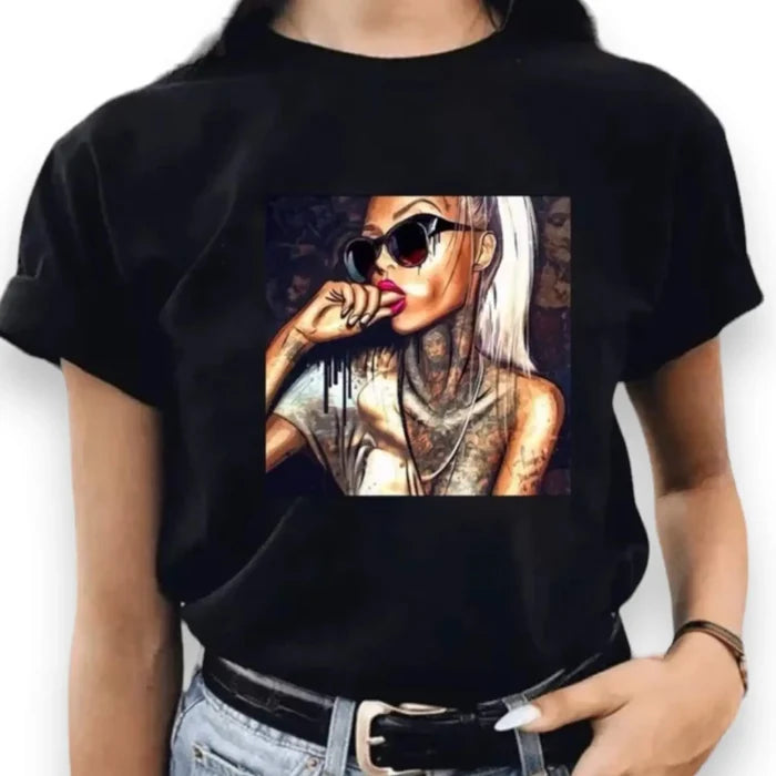 Black Short Sleeve Tattoo Girl Graphic Tee with sunglasses artwork, crew neck, and edgy streetwear fit