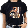 Black Short Sleeve Tattoo Girl Graphic Tee with sunglasses artwork, crew neck, and edgy streetwear fit