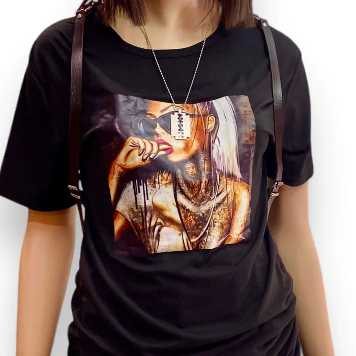 Black Short Sleeve Tattoo Girl Graphic Tee with sunglasses artwork, crew neck, and edgy streetwear fit