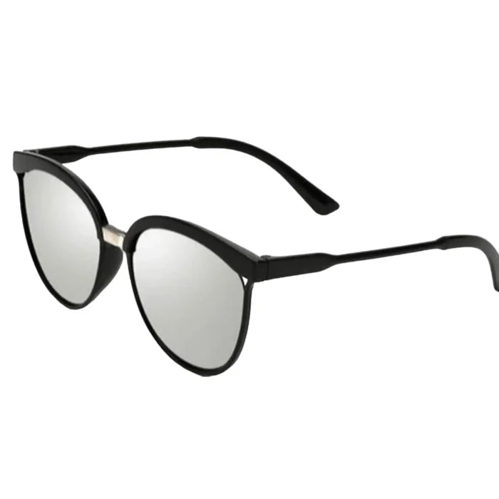 Black Silver Mirror Oversized Cat Eye Sunglasses with UV400 lenses, full rim frame, and thin temples side view