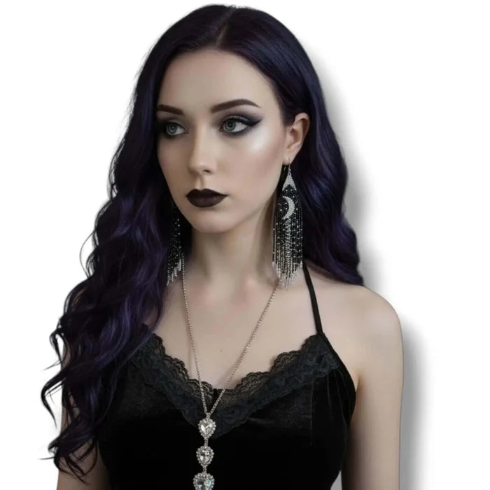 Black & Silver Moon Beaded Fringe Earrings - Beaded Celestial Fringe Earrings / black/silver / Female - Women’s Earrings