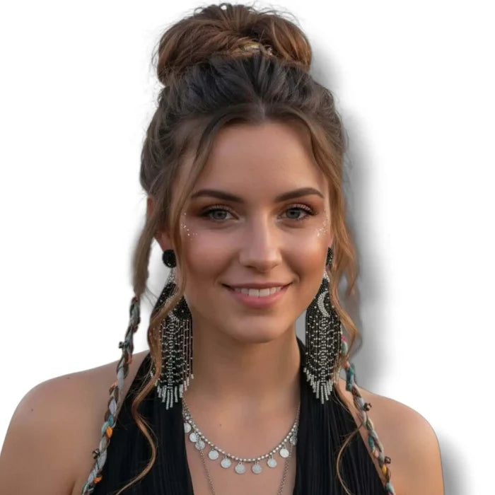 Black & Silver Moon Beaded Fringe Earrings - Beaded Celestial Fringe Earrings / black/silver / Female - Women’s Earrings