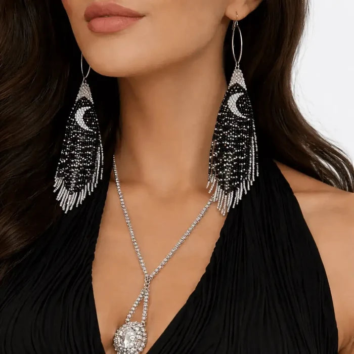 Black & Silver Moon Beaded Fringe Earrings - Beaded Celestial Fringe Earrings / black/silver / Female - Women’s Earrings