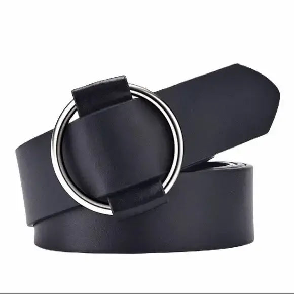 Black Silver Round Slider Buckle Waist Belt with textured faux leather and adjustable fit / women's / skinny belt/ one size