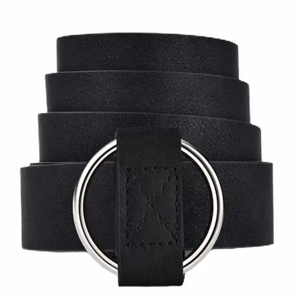 Black Silver Round Slider Buckle Waist Belt with textured faux leather and adjustable fit / women's / skinny belt/ one size