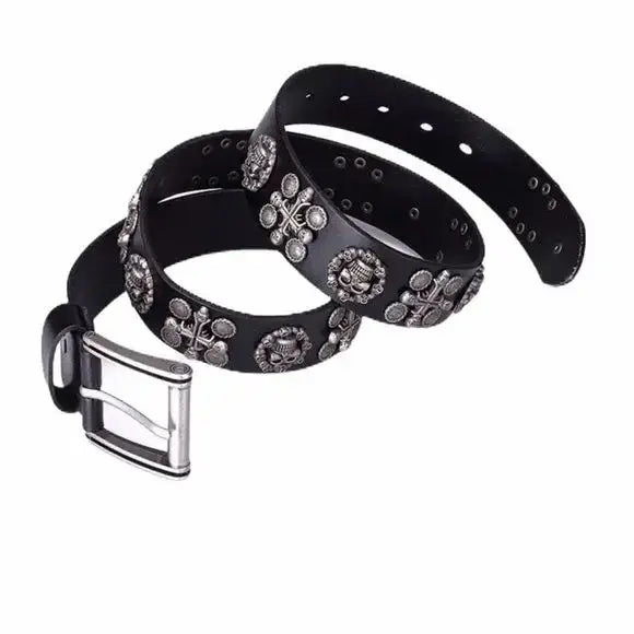 Black Skulls Studded Leather Belt
