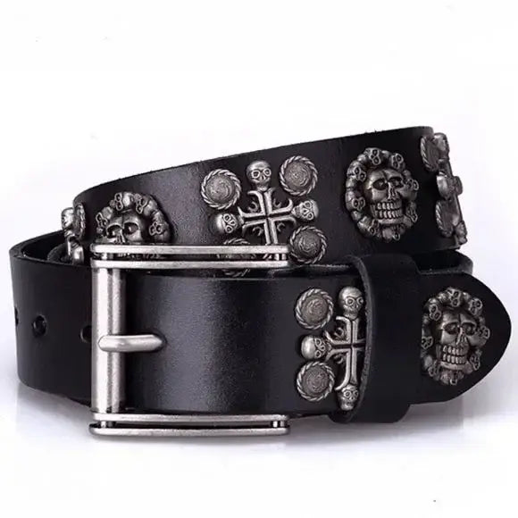 Black Skulls Studded Leather Belt