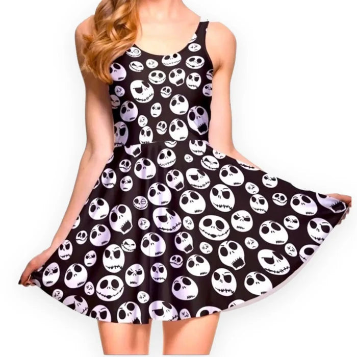Womans Black White Skull Skater Mini Dress with sleeveless fit and punk gothic style small