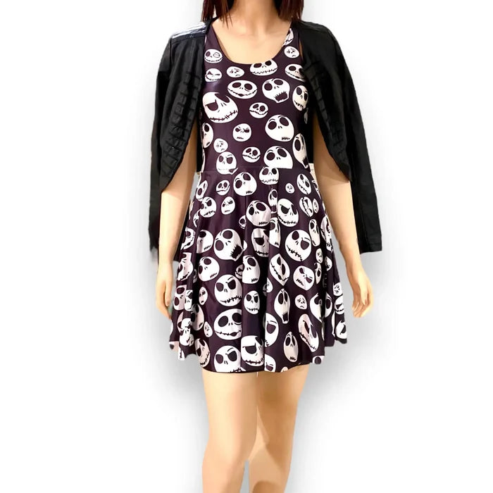 Womans Black White Skull Skater Mini Dress with sleeveless fit and punk gothic style small
