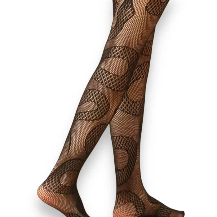Black snake fishnet tights with winding serpent design, small diamond mesh and optional rhinestone detail