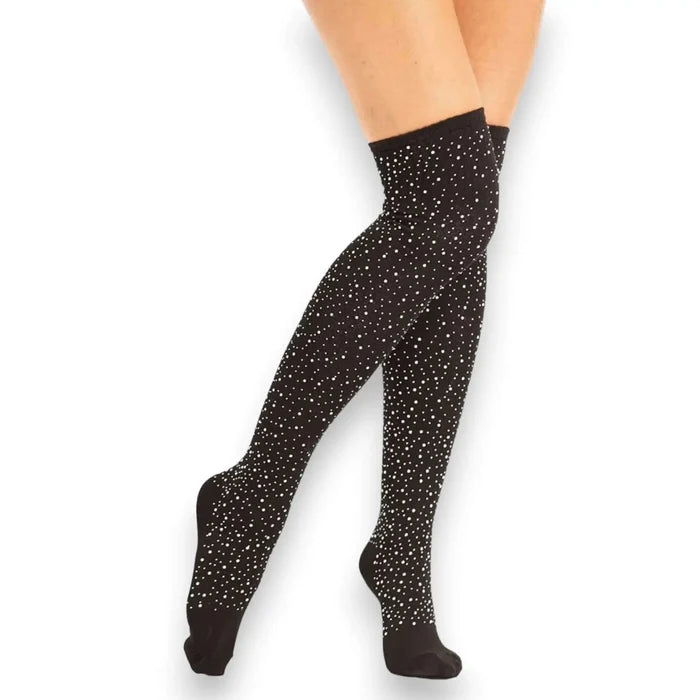 Black sparkle over-the-knee socks with multicolor rhinestones and opaque stretch knit for festival looks