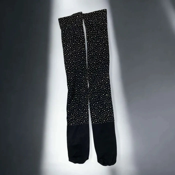 Black sparkle over-the-knee socks with multicolor rhinestones and opaque stretch knit for festival looks