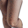 Black sparkling fishnet tights with multicolor rhinestones, small diamond mesh and high-waist stretch fit