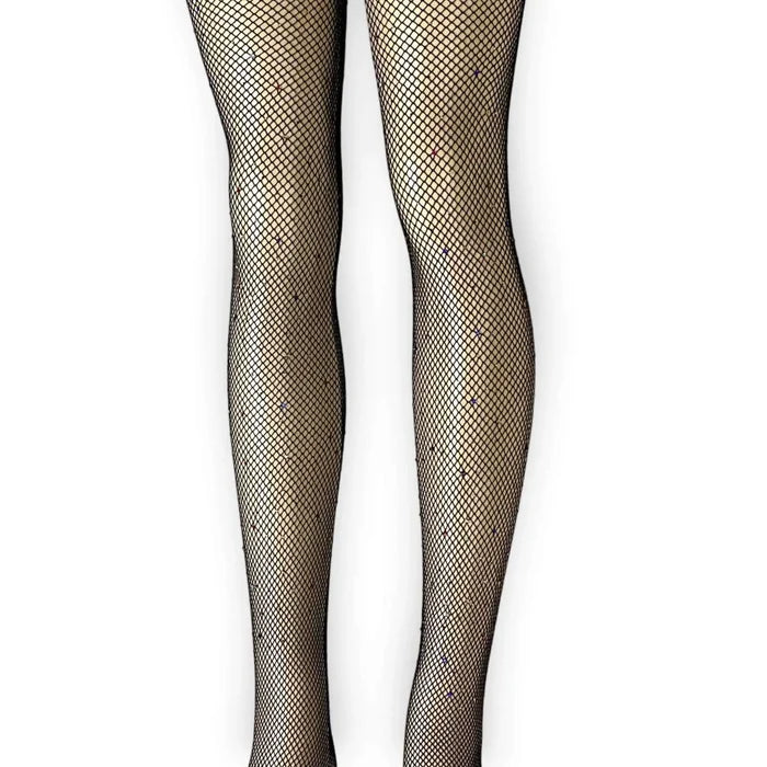 Black sparkling fishnet tights with multicolor rhinestones, small diamond mesh and high-waist stretch fit