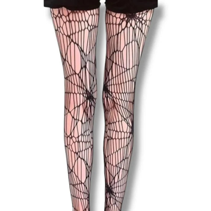 Black spider web tights pantyhose with cobweb fishnet pattern and high-waist stretch fit