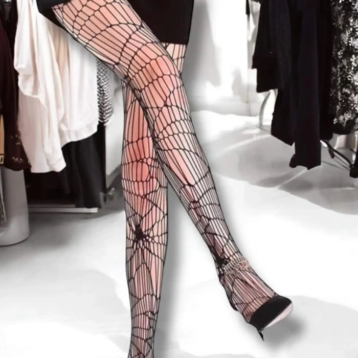 Black spider web tights pantyhose with cobweb fishnet pattern and high-waist stretch fit