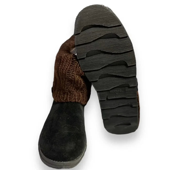 Black suede-look ankle boots with brown cable-knit sweater shaft, round toe and textured rubber sole