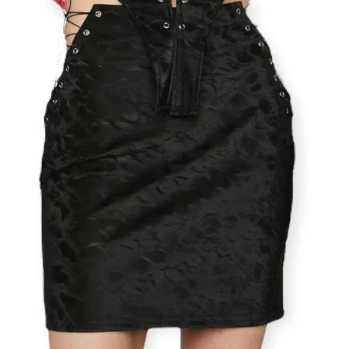 high-waisted fitted black faux suede skirt styled with heels