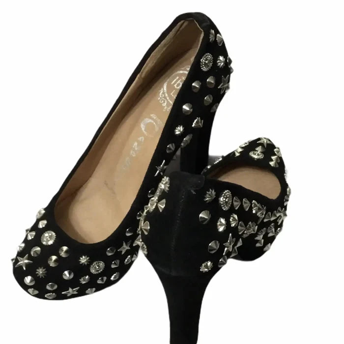 Black suede high heels with silver studs, Jeffrey Campbell punk gothic platform design