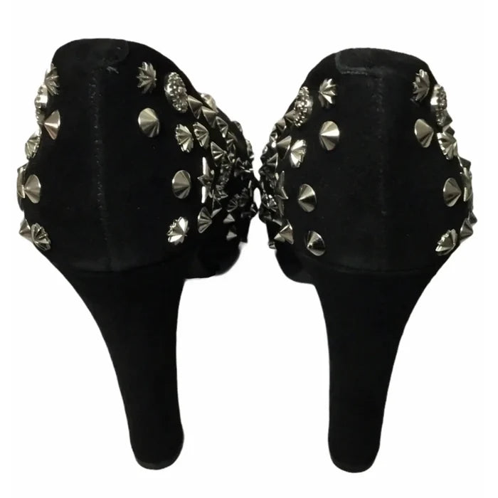 Black suede high heels with silver studs, Jeffrey Campbell punk gothic platform design