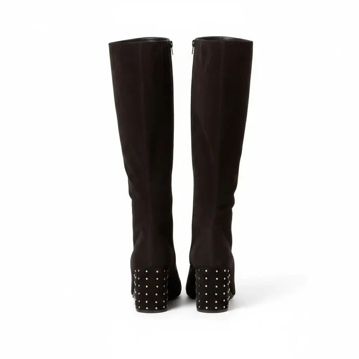 back view Black Suede Studded Knee High Boots with silver studded block heel and almond toe / women's / barIII / size 8