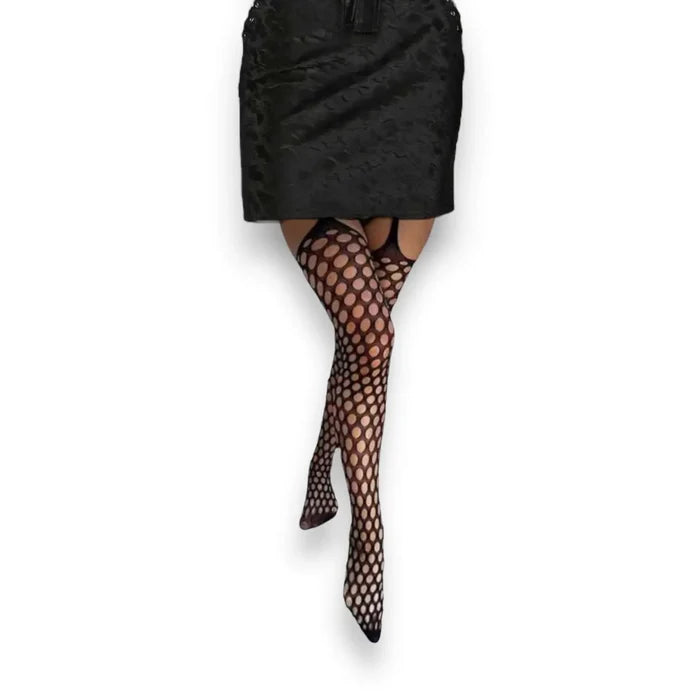 Black round hole suspender tights with built-in garter straps, thigh cut-outs and fishnet texture