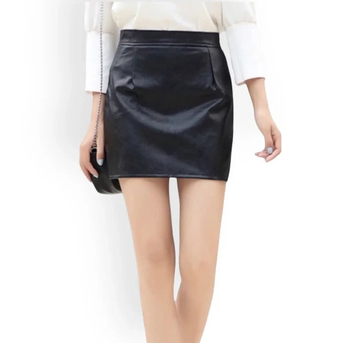 Black Textured Faux Leather Mini Skirt with high waist and back zipper sizes small or large