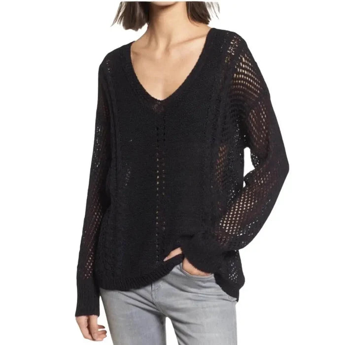 Black V Neck Crochet Knitted Sweater Relax pullover casual sweater