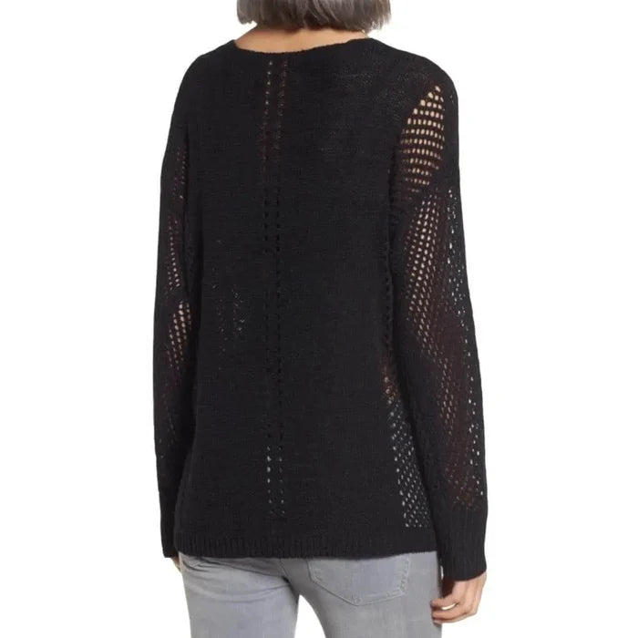 Black V Neck Crochet Knitted Sweater Relax pullover casual sweater back side
