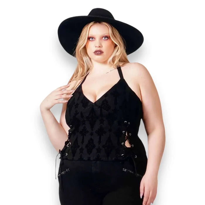 Black V Neck Lace Up Sides Cropped Halter Top model wearing wide brim hat black pants plus size 4XL