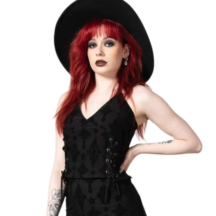 back view of Black V Neck Lace Up Sides Cropped Halter Top model wearing wide brim hat matching pants