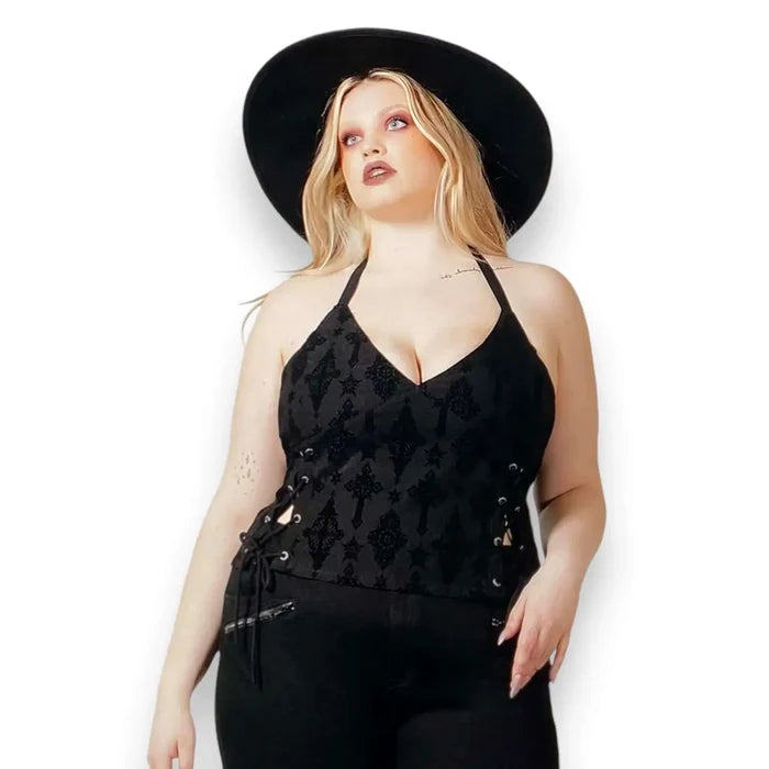 Black V Neck Lace Up Sides Cropped Halter Top model wearing wide brim hat black pants plus size 4XL