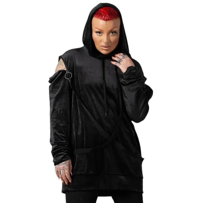 Model wearing the Black Velour Harness Pullover Hoodie with adjustable straps and gothic hardware.