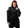 Model wearing the Black Velour Harness Pullover Hoodie with adjustable straps and gothic hardware.