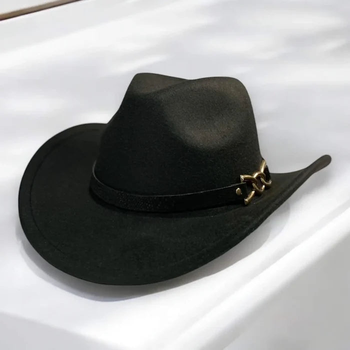 Black vintage western cowboy hat with tall pinched crown, curled 3 inch brim, faux leather band and gold chain accent, adjustable inner drawstring, size 7 1/8