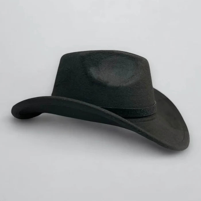 Black vintage western cowboy hat with tall pinched crown, curled 3 inch brim, faux leather band and gold chain accent, adjustable inner drawstring, size 7 1/8