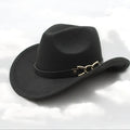 Black vintage western cowboy hat with tall pinched crown, curled 3 inch brim, faux leather band and gold chain accent, adjustable inner drawstring, size 7 1/8