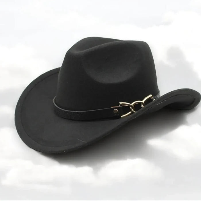 Black vintage western cowboy hat with tall pinched crown, curled 3 inch brim, faux leather band and gold chain accent, adjustable inner drawstring, size 7 1/8