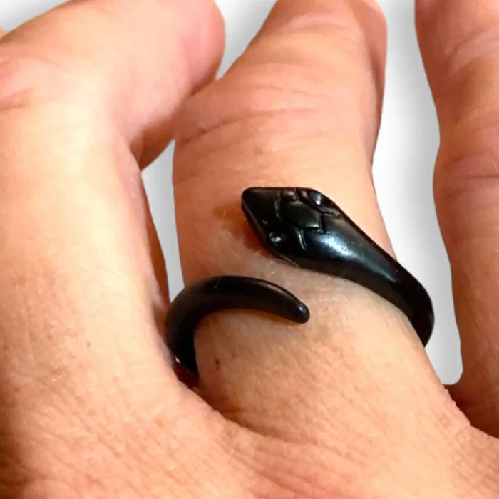 Black Viper Wrap Around Band Ring with coiled serpent design and adjustable black metal band / women's / 9 / one size