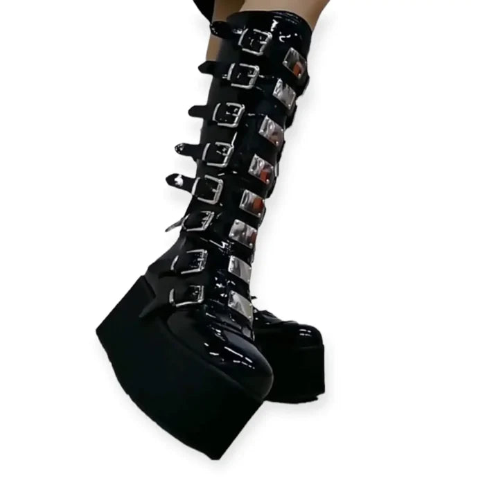 Black Wedge Knee Platform Boots eight metal plate buckle straps and full back zipper, women’s size 9