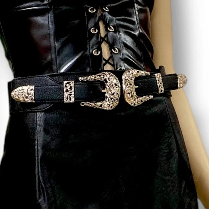 Black Western Double Buckle Waist Belt with silver engraved metal hardware corset panel