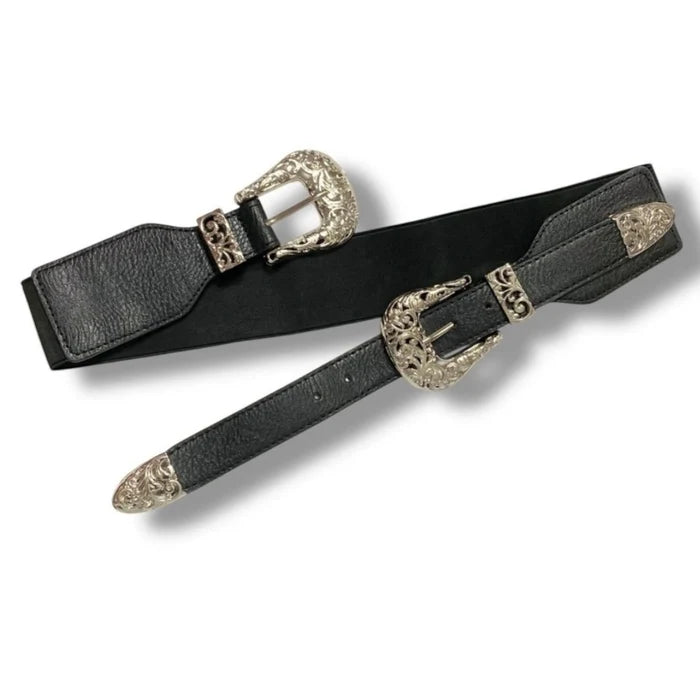 Black Western Double Buckle Waist Belt with silver engraved metal hardware corset panel